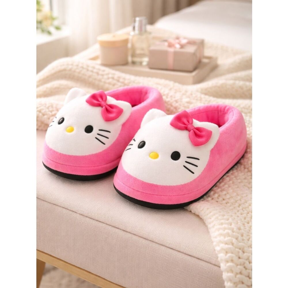 NWOB Sanrio Hello Kitty Big Head Pink Plush Slippers House Shoes - Size 5-8
